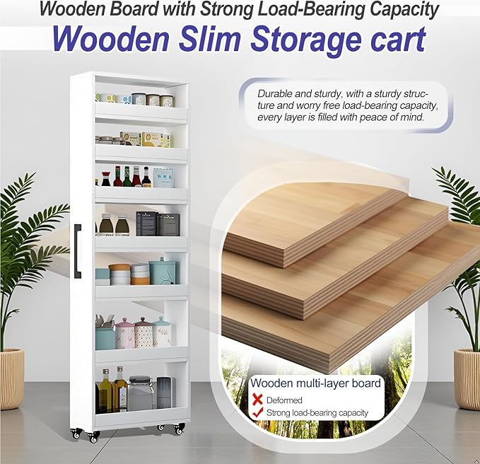 7-Tier Slim Storage Cart, Wooden Rolling Pantry Cabinet with Wheels, Narrow Shelf Organizer for Kitchen, Bakers Rack, Dining Room, Closet, Small Spaces Dark Walnut 73.2" H*9.8" W*23.6" D