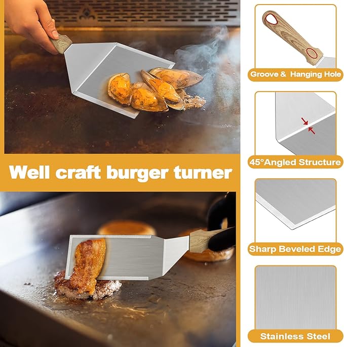 Metal Spatula Set of 5, HaSteeL Heavy Duty Griddle Accessories Kit, Durable Stainless Steel Burger Turner Flipper Scraper Tools for Flat Top Grill Teppanyaki Cast Iron, Indoor & Outdoor, Easy to Clean