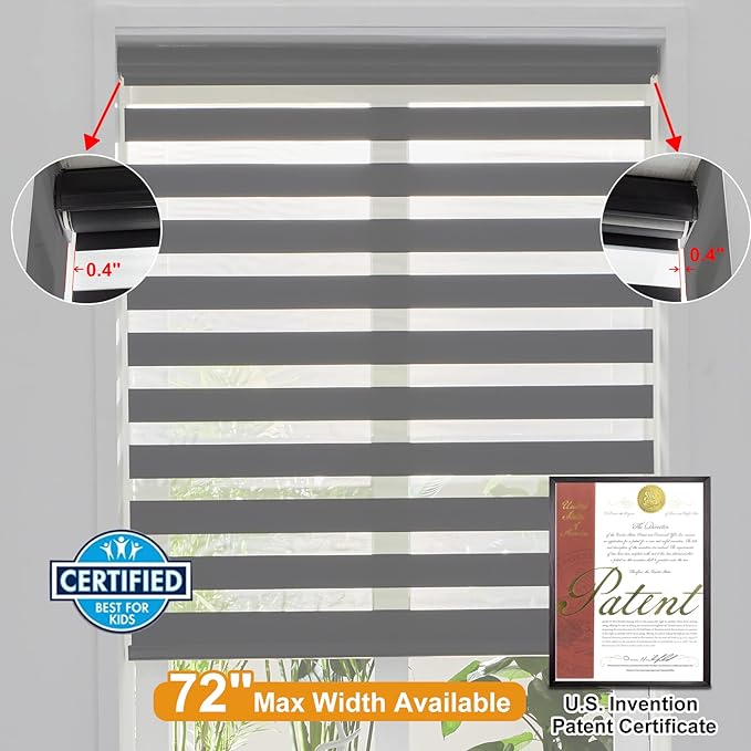 Persilux Cordless Zebra Blinds for Windows Free-Stop Roller Windows Shades (46" W X 72" H, Black) Dual Layer Light Control for Day and Night, Light Filtering Sheer Shades for Home, Easy to Install