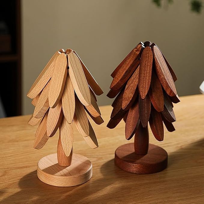 Natural Wood Tree Trivet Set, 𝐍atural Tree Trivet Set - 4 Wooden Trivets,4 Wooden 𝐓rivets & 1 Stand Like a Christmas Trees,for Hot Dish,Pot,Bowl,Teapot,Hot Pot Sets (Walnut Finish 3 Trivets,3set)