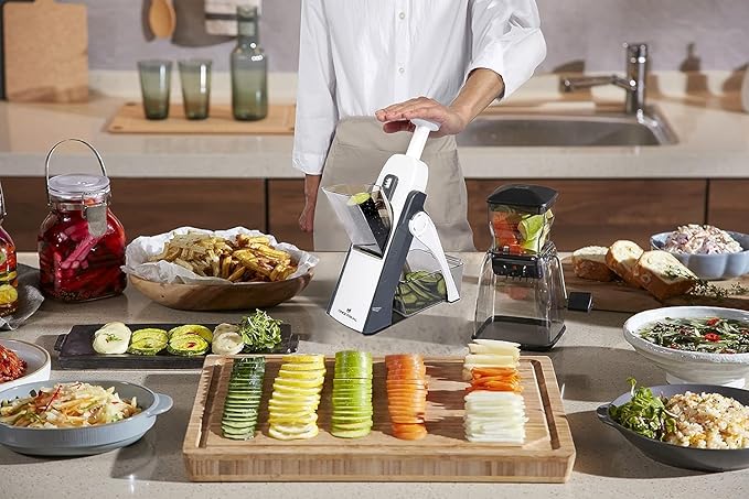 ONCE FOR ALL Safe Mandoline Slicer 5 in 1 Vegetable Chopper Food Potato Cutter, Strips Julienne Dicer Adjustable Thickness 0.1-8 mm Kitchen Chopping Artifact Fast Meal Prep (Gray)