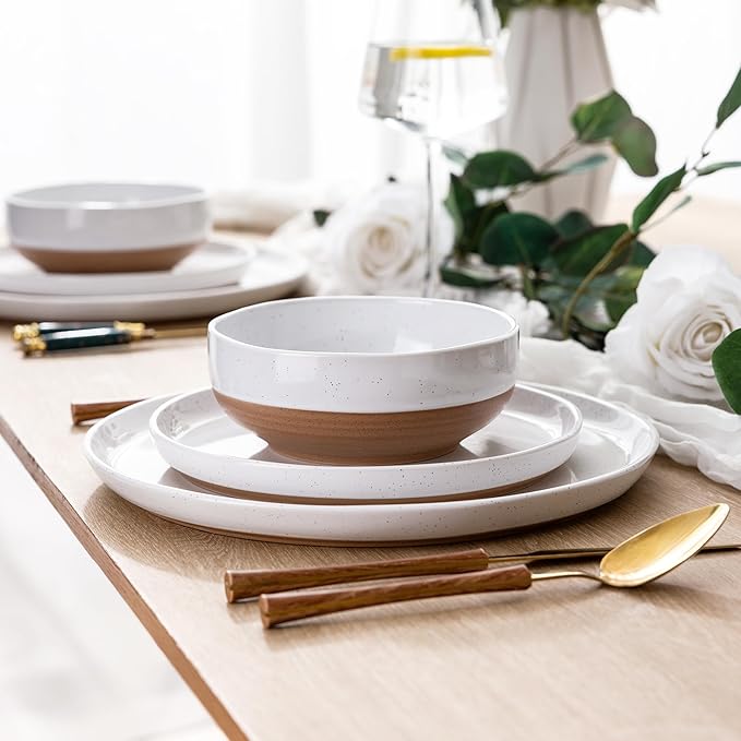AmorArc Ceramic Dinnerware Sets for 8, 24 Pieces Handpainted Plates and Bowls Set with Rustic Terracotta Underside, Scratch Resistant Stoneware Dishes Set, Dishwasher & Microwave Safe, White