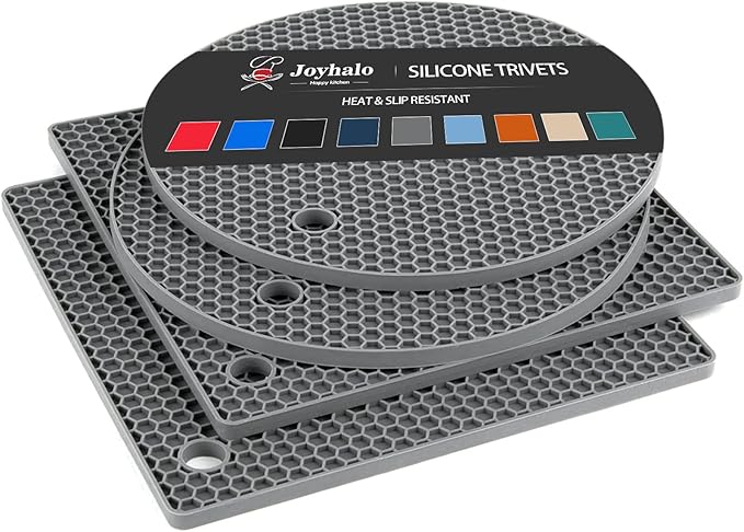 Joyhalo Trivets for Hot Dishes - Hot Pads for Kitchen, Silicone Pot Holders for Hot Pots and Pans, Silicone Mats for Kitchen Countertops, Table, Flexible Easy to Wash and Dry, Grey