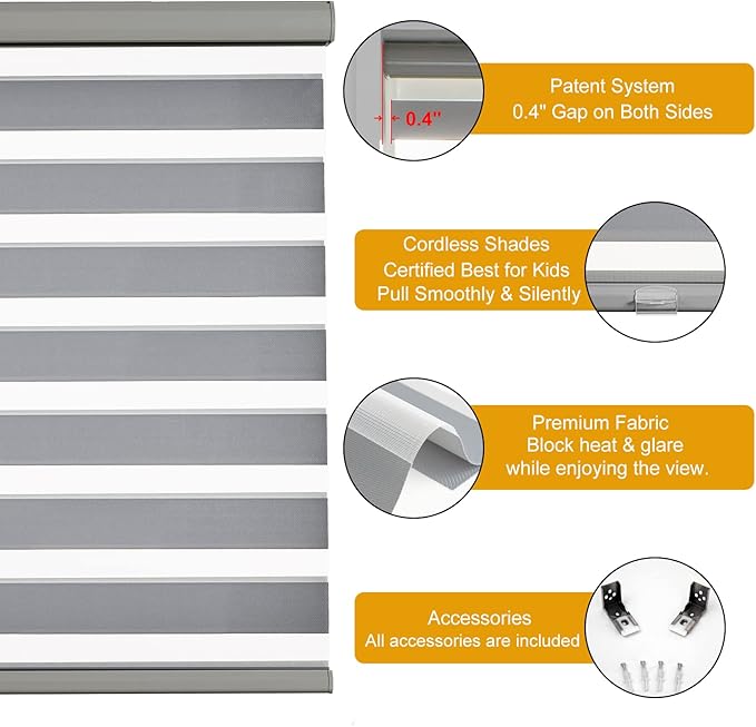 Persilux Zebra Window Blinds, Cordless Room Darkening Roller Blinds (23" W x 72" H, Grey) Roller Blinds Cordless Light Filtering, Light Control for Day and Night…