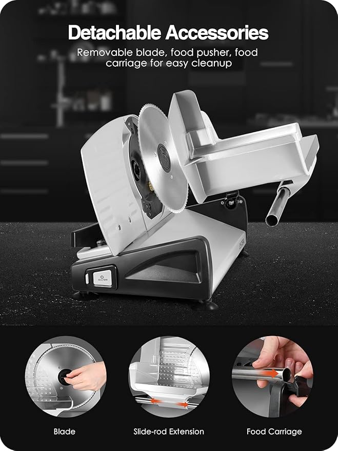 OSTBA Meat Slicer Electric Deli Food Slicer with Child Lock Protection, Removable 7.5’’ Stainless Steel Blade and Food Carriage, Adjustable Thickness Food Slicer Machine for Meat, Cheese, Bread(150W)