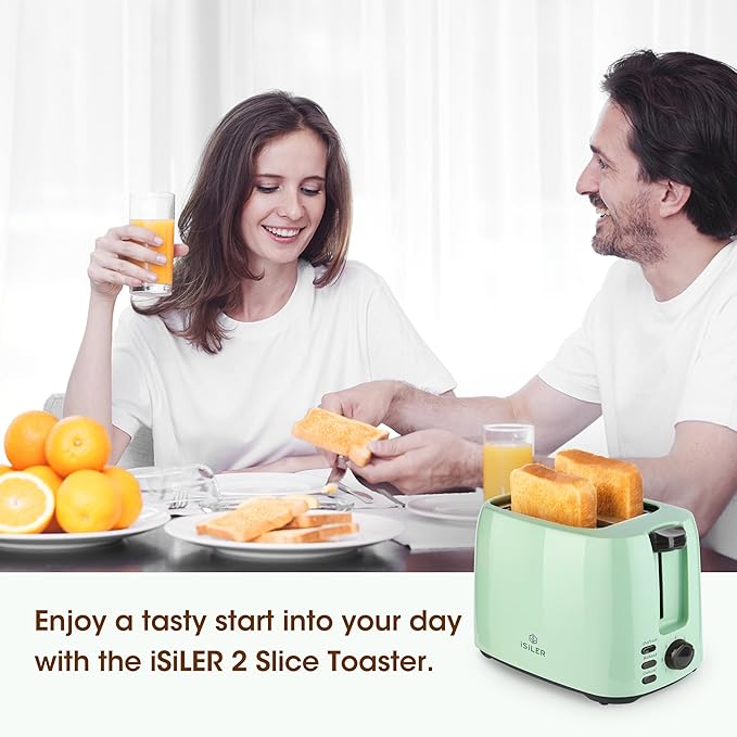iSiLER 2 Slice Toaster, 1.3 Inches Wide Slot Bagel Toaster with 7 Shade Settings and Double Side Baking, Removable Crumb Tray, Defrost Cancel Function Green