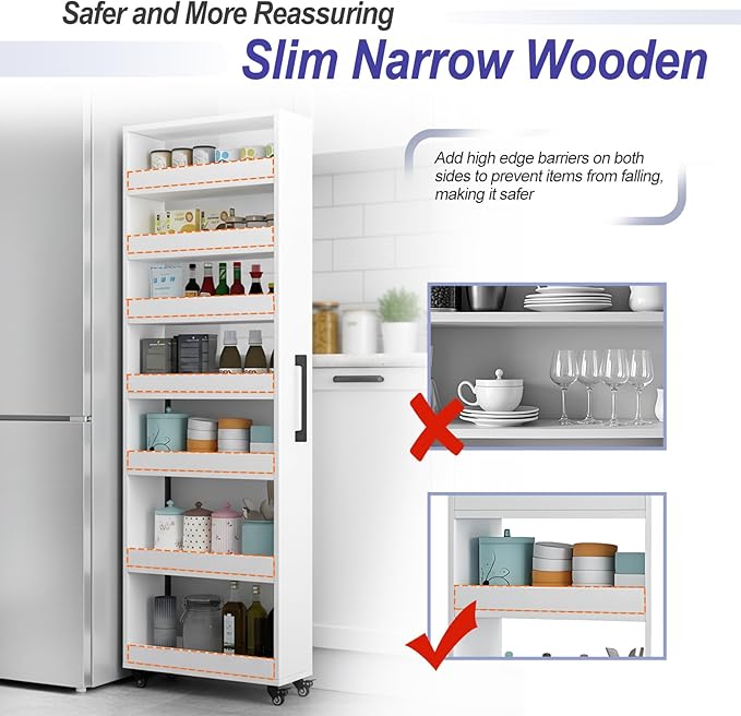 7-Tier Slim Storage Cart, Wooden Rolling Pantry Cabinet with Wheels, Narrow Shelf Organizer for Kitchen, Bakers Rack, Dining Room, Closet, Small Spaces Gray 73.2‘’H*5.9''W*19.6''D