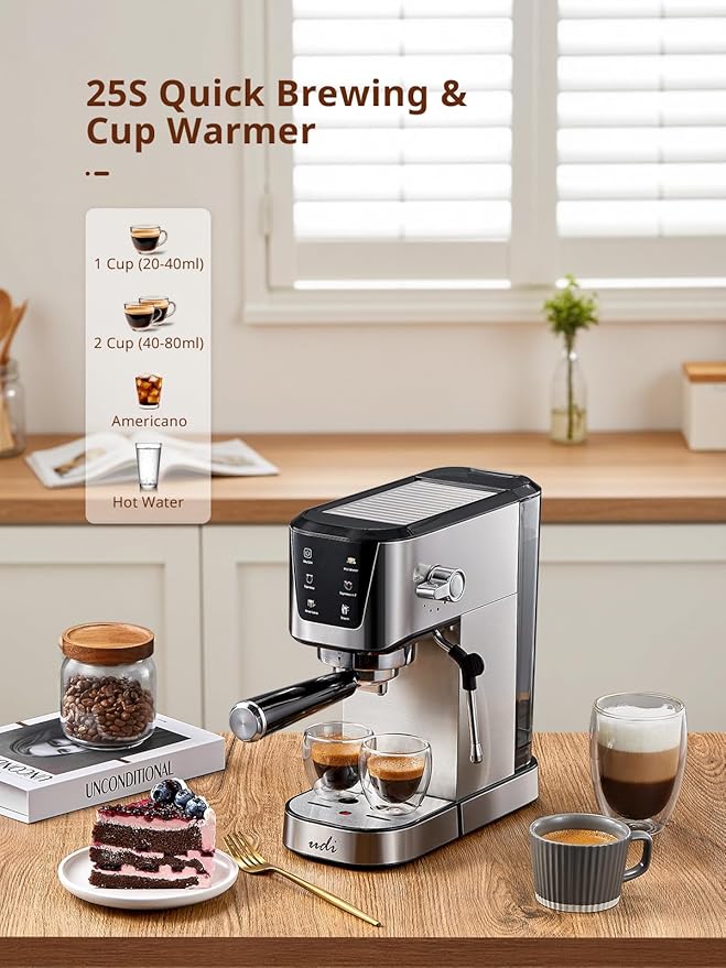 UDI Espresso Machines with LED Touch screen, 20 Bar Espresso Coffee machine for Lattes, Cappuccinos, Americano, Compact Cappuccino Latte Machine for Home, Silver