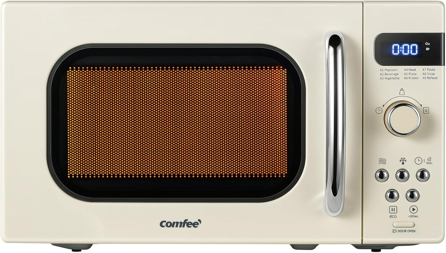 COMFEE' Retro Small Microwave Oven With Compact Size, 9 Preset Menus, Position-Memory Turntable, Mute Function, Countertop Perfect For Spaces, 0.7 Cu Ft/700W, Cream, AM720C2RA-A
