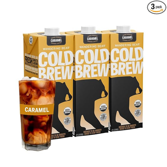Wandering Bear Organic Caramel Cold Brew Coffee - Strong, Bold, Smooth, Unsweetened, Shelf-Stable, Ready to Drink, Gluten Free, & Vegan Iced Cold Brewed Coffee Drink - 32 fl oz, 3 pack