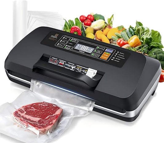 95kpa Vacuum Sealer Machine, Updated 2025 Commercial Fully Automatic Food Sealer, 10-in-1Functions & Powerful Sealing System with Double Heat Seal, Easy-Lock Handle, Built-inCutter and Bag Storage