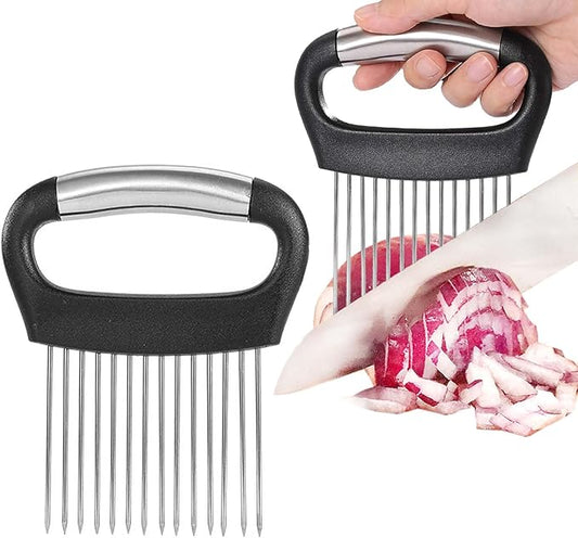 JAYVAR Large Onion Holder for Slicing, Large Onion Cutter Vegetable Chopper, Stainless Steel Tomato Slicer for Potato Lemon, Practical Meat Tenderizer Tool, Kitchen Food Slicer Guide for Neat Slicing