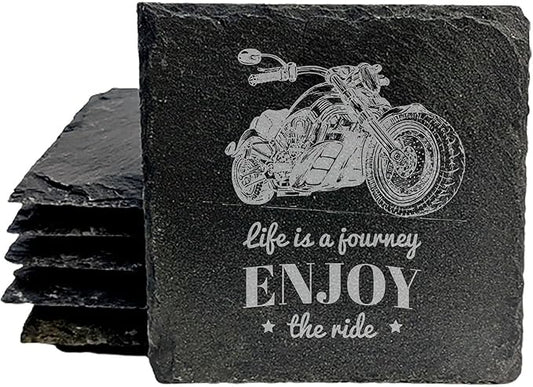 The Open Road Awaits: Motorcycle Coasters with Inspirational Quote - Square Slate - Set of 6