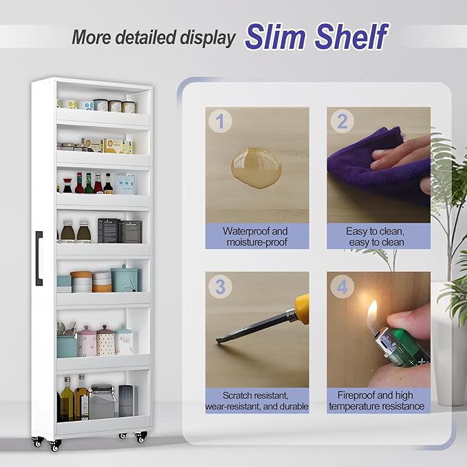 7-Tier Slim Storage Cart, Wooden Rolling Pantry Cabinet with Wheels, Narrow Shelf Organizer for Kitchen, Bakers Rack, Dining Room, Closet, Small Spaces Teak 47.2" H*7.8" W*16.9" D
