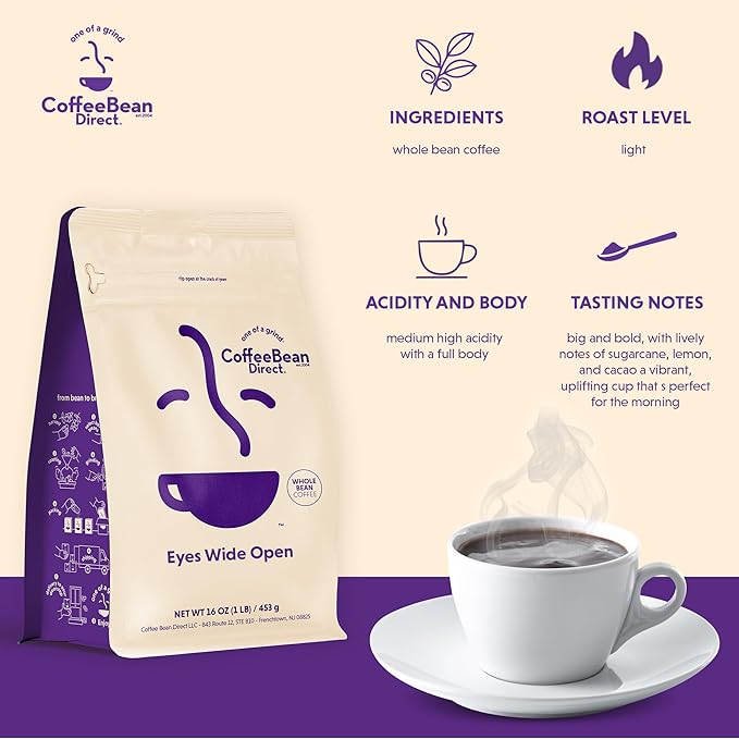 Coffee Bean Direct Eyes Wide Open, Whole Bean Coffee, Light Roast, 1 Pound Bag (Pack of 1)