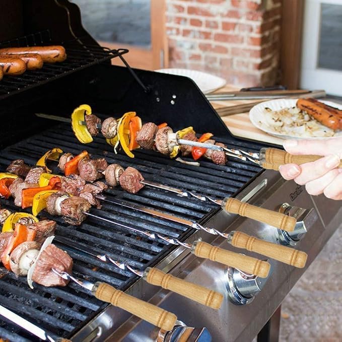 12 Pack Kabob Skewers BBQ Barbecue Skewers Stainless Steel Sticks 23.5 Inch Heavy Duty Large Wide Reusable with Nonslip Wooden Handle Ideal for Shish Kebab Chicken Shrimp and Vegetables