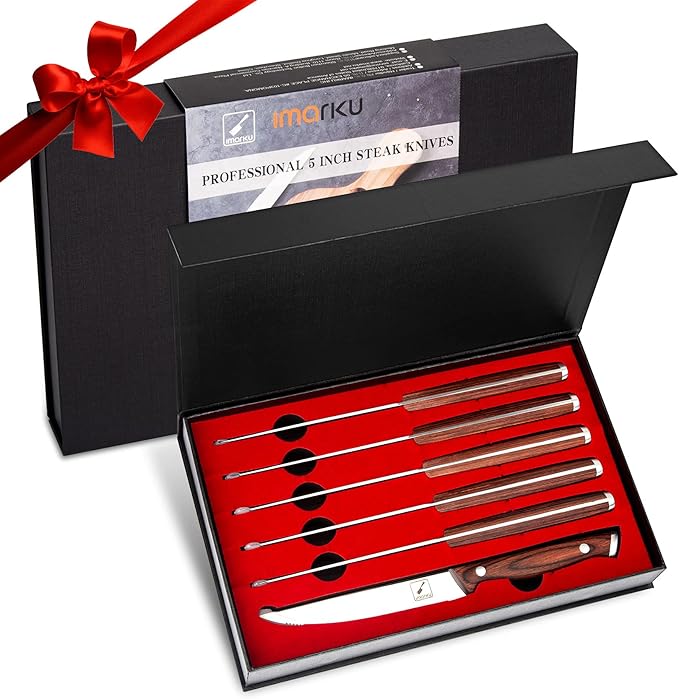 imarku Steak Knives Set of 6, Japanese HC Steel Premium Serrated Steak Knife Set with Ergonomic Handle and Gift Box, Home Essential, Best Chrismas Gifts for Women and Men