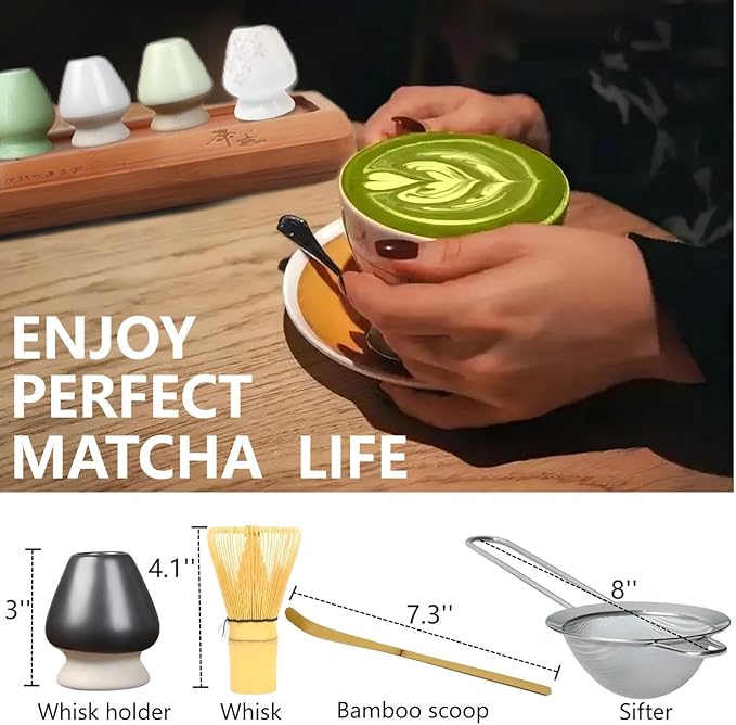 Matcha Whisk Holder Matcha Chasen Whisk Stand Ceramic Holder fit for Traditional Japanese Tea Ceremony Starter Matcha Tools Bowl (Yellow bamboo whisk)
