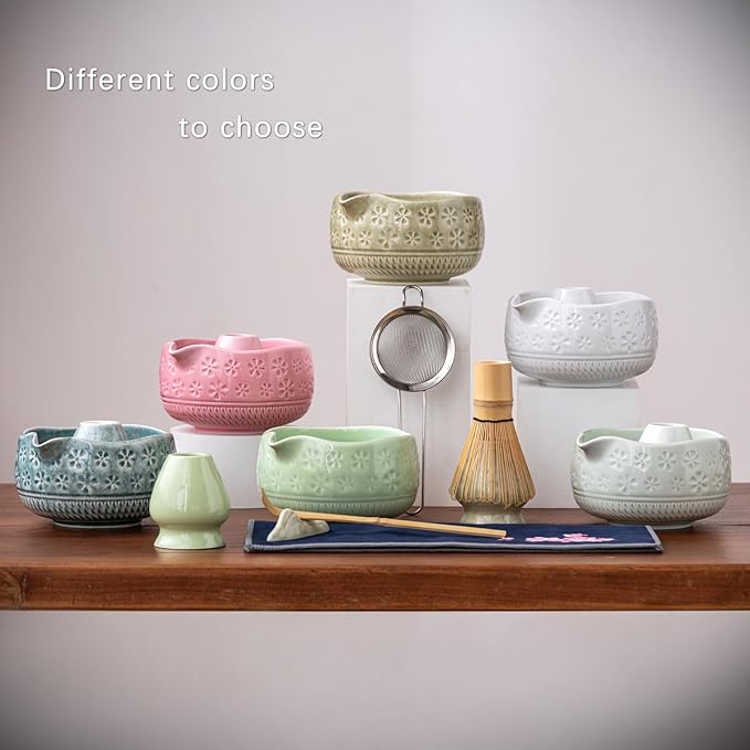 Matcha Whisk Set, Ceramic Matcha Kit Set Includes Matcha Bowl, Matcha Whisk and Holder, Bamboo Scoop, Scoop Rest, Sifter and Tea Towel - 7 Pcs Matcha Kit for Matcha Lovers(White)