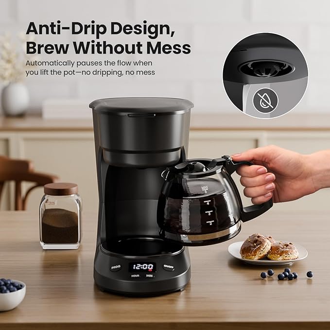 Kismile Compact Coffee Maker with LED Display, Small Drip Coffee Machine with Anti-Drip System, Timer, Auto Shut-Off, Dry-Boil Protection, Removable Funnel, Ideal for Home & Office (Black)