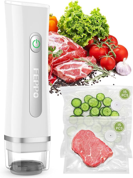 FEPPO Vacuum Sealer for Food with Visible Water Tank, Handheld Saver Compact Vacuum Sealer Machine with 30 Reusable Bags for 6X Preservation & Fresh, White