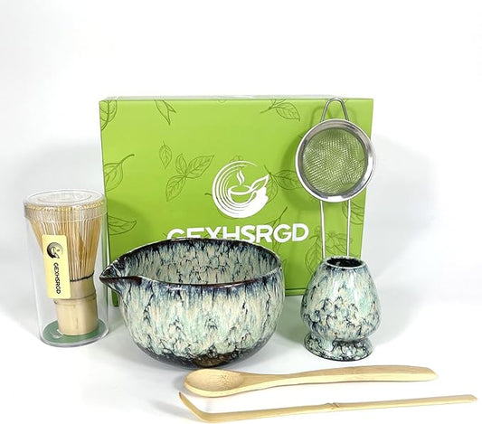 Matcha Whisk Set 6 pc Kit - Traditional Japanese Chasen, Bamboo Whisk Holder, Ceramic Bowl with Spout, Sifter & 2 pc Spoons - matcha kit set, Gift for Matcha Tea Lovers(Quenching Blue)