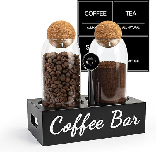 Coffee Container Set of 2 – 34oz Airtight Glass Coffee Bean Storage Jars with Wooden Lids, Metal Scoop & Wooden Base, Coffee Bar Organizer for Countertop, Tea & Sugar Canisters with Labels