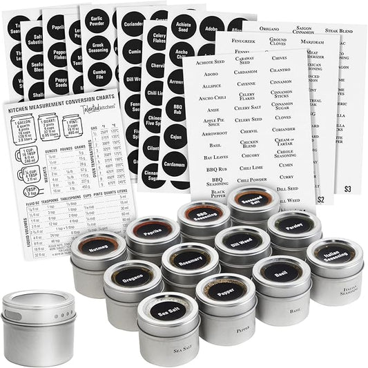 Talented Kitchen Magnetic Spice Jars for Refrigerator - 3 oz, Stainless Steel, Set of 12 - Spice Containers with Labels - Magnetic Travel Containers & Camper Must-Haves