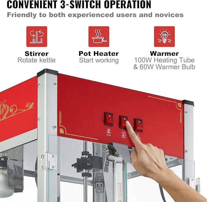 VEVOR Commercial Popcorn Machine, 12 Oz Kettle, 1440 W Countertop Popcorn Maker for 80 Cups per Batch, Theater Style Popper with 3-Switch Control Steel Frame Tempered Glass Doors 1 Scoop 2 Spoons, Red
