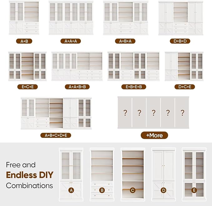 70.8" Tall Farmhouse Kitchen Pantry Cabinet, Modular Storage Cabinet with 6-Tier Adjustable Shelves, White, Wooden Hutch for Living Room, Kitchen, Set of 4