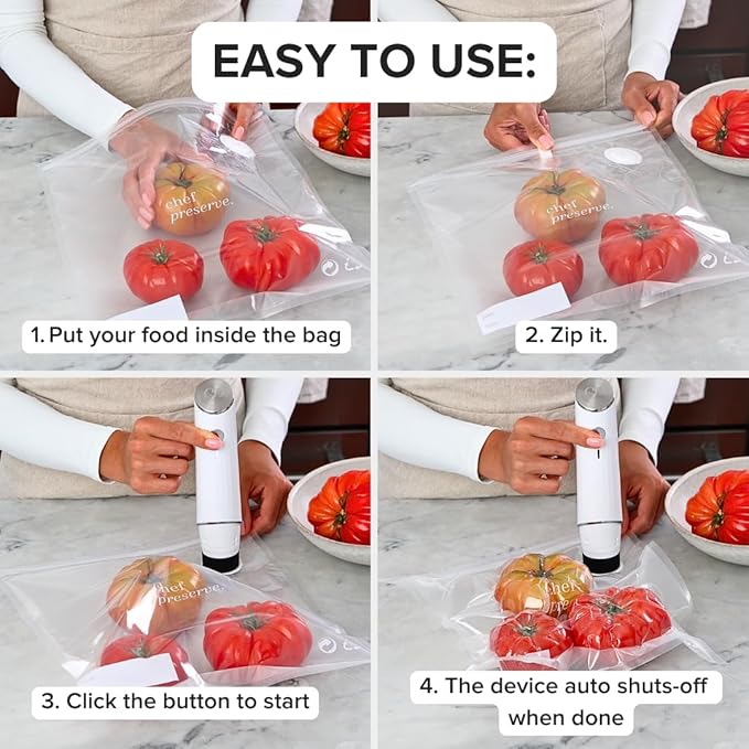 Chef Preserve Compact Vacuum Sealer for Food (Vacuum Sealer Machine + 20 Reusable Vacuum Bags) Powerful Handheld Vacuum Sealer Machine, Seal Meal Saver, Portable Food Sealer