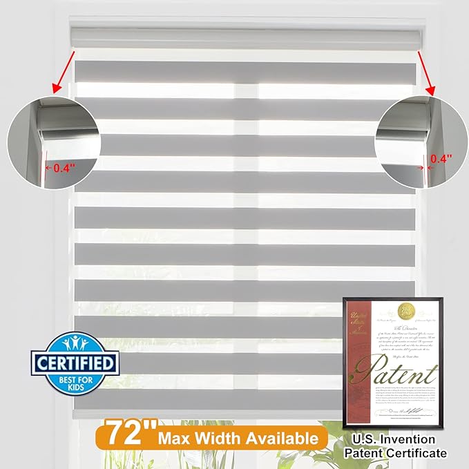 Persilux Cordless Zebra Roller Window Shades Free-Stop Roller Blinds (32" W X 72" H, Grey) Light Control for Day and Night, Light Filtering Sheer Roller Shades for Windows, Easy to Install