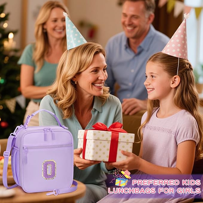 Initial Insulated Lunch Bag for Girls Kids, Back to School Gift, Reusable Leak-proof Lunch Box with Adjustable Strap for School Daycare Travel Picnic (Purple,O)