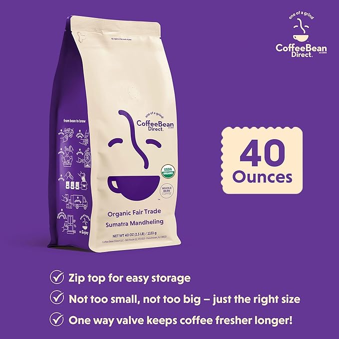Coffee Bean Direct Organic Fair Trade Sumatra Mandheling, Whole Bean Coffee, Light Roast, 2.5 Pound Bag (Pack of 1)