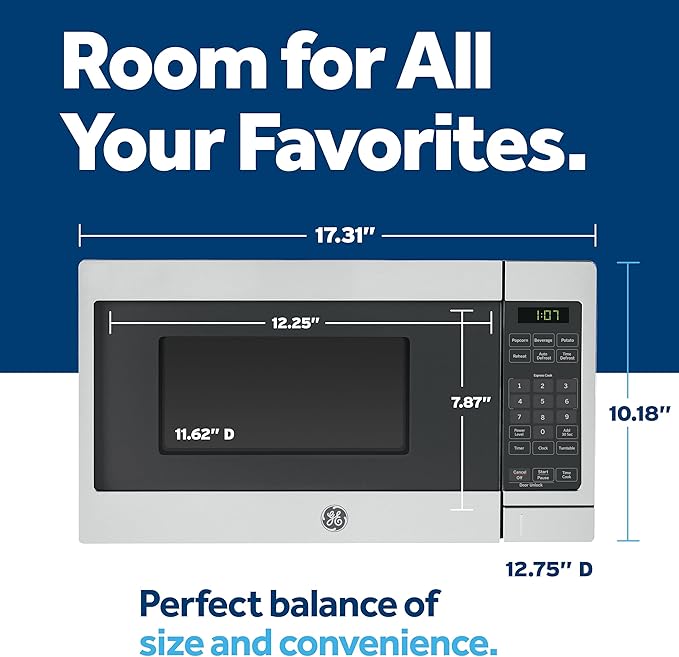 GE GCST07N1WSS Microwave Oven, 700-watt 6 Auto Cooking Settings, Child-Lock Technology, Kitchen Essentials for The Countertop, Dorm Room or Apartment, 0.7 Cu. Ft, Stainless Steel