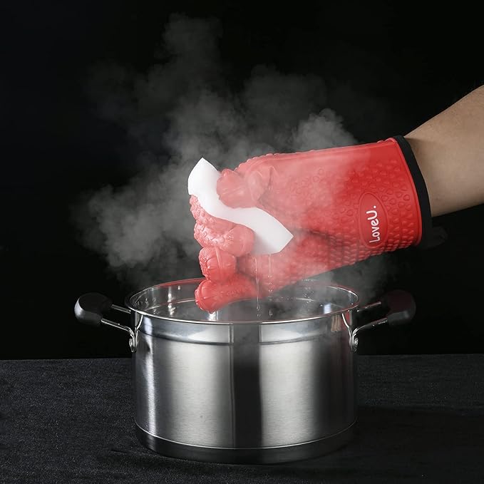 Kitchen Oven Gloves - Dual-Layer Heat Resistant Grilling Gloves, Silicone Oven Mitts with 5 Fingers, Waterproof Non-Slip Pot Holder for Barbecue, Cooking, Baking (XL-XXXL, Red)