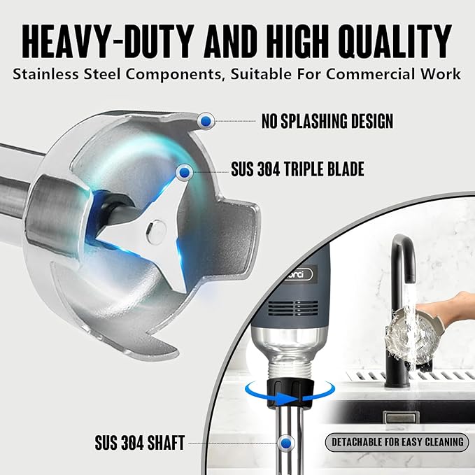 VONCI 750W Commercial Immersion Blender, Handheld Stick Mixer with 18" Detachable Shaft, Variable Speed 8000-19000RPM, Sharp SUS Blade, Extra Heavy Duty Hand Mixer for Restaurant Kitchen.