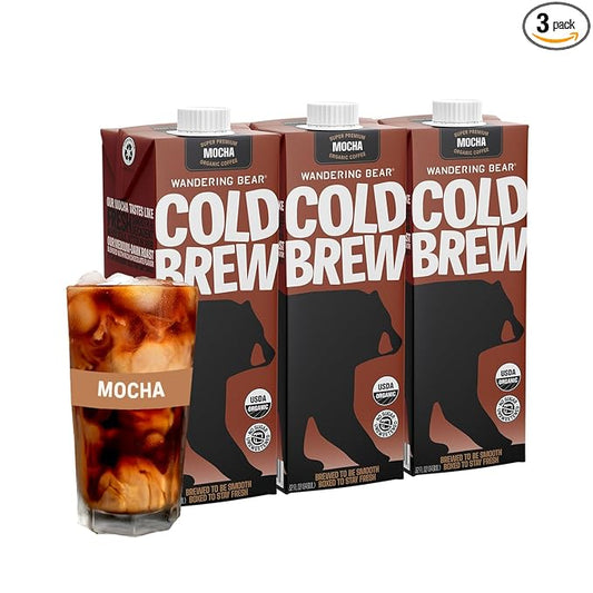 Wandering Bear Organic Mocha Cold Brew Coffee - Strong, Bold, Smooth, Unsweetened, Shelf-Stable, Ready to Drink, Gluten Free, & Vegan Iced Cold Brewed Coffee Drink - 32 fl oz, 3 pack