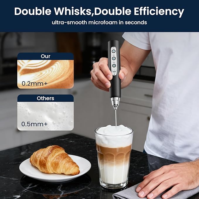 Milk Frother Rechargeable Handheld-Electric Whisk 3 Speed Adjustable, Frother Wand Coffee with 3 Stainless Whisks, Electric Foam Maker, Drink Mixer Blender for Latte Cappuccino Matcha Egg
