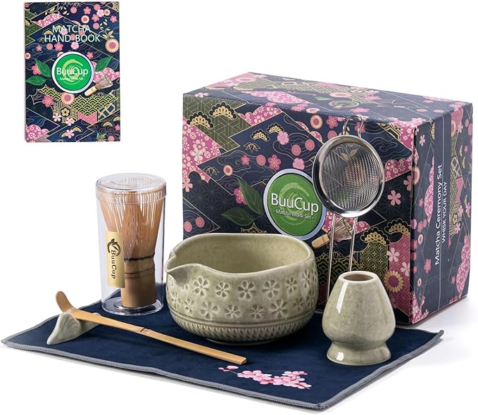 Matcha Whisk Set, Ceramic Matcha Kit Set Includes Matcha Bowl, Matcha Whisk and Holder, Bamboo Scoop, Scoop Rest, Sifter and Tea Towel - 7 Pcs Matcha Kit for Matcha Lovers (Mottled Green)