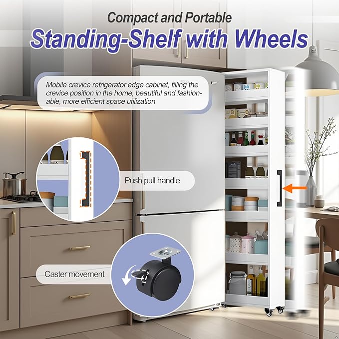 7-Tier Slim Storage Cart, Wooden Rolling Pantry Cabinet with Wheels, Narrow Shelf Organizer for Kitchen, Bakers Rack, Dining Room, Closet, Small Spaces Warm White 47.2" H*9.8" W*16.9" D