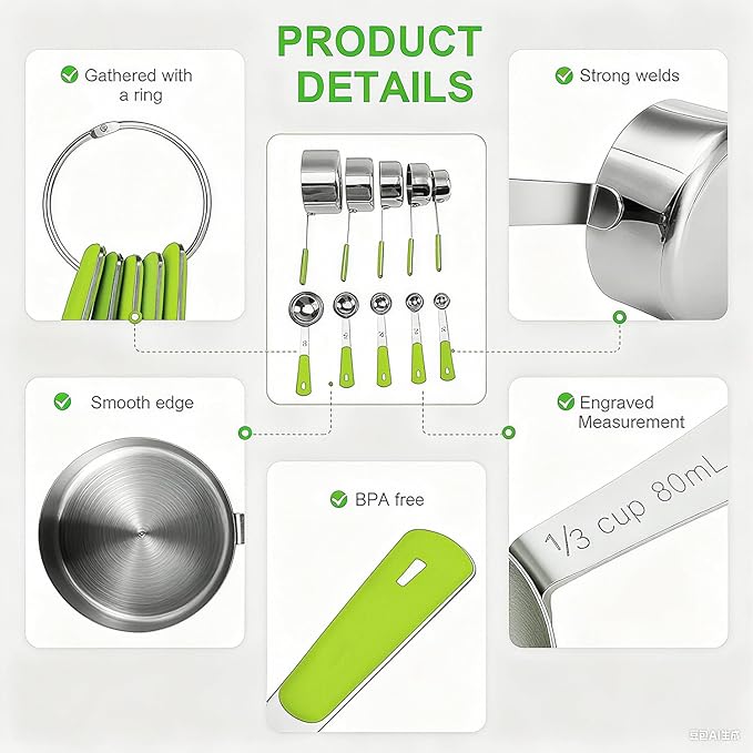 Measuring Cups and Spoons Set, Stainless Steel 10 Piece for Cooking and Baking (5 Cups + 5 Spoons, Green Handle)