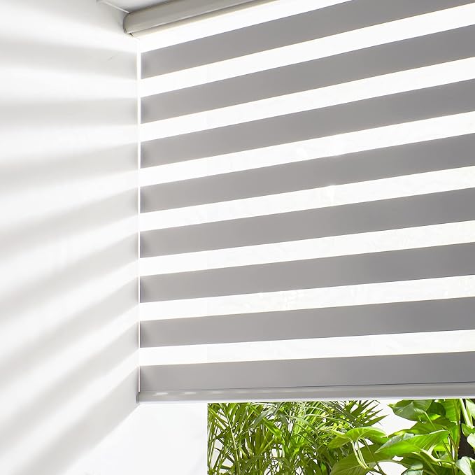 Persilux Cordless Zebra Blinds for Windows Free-Stop Roller Window Shades (22" W X 64" H, Grey) Dual Layer Light Control for Day and Night, Light Filtering Sheer Shades for Home, Easy to Install