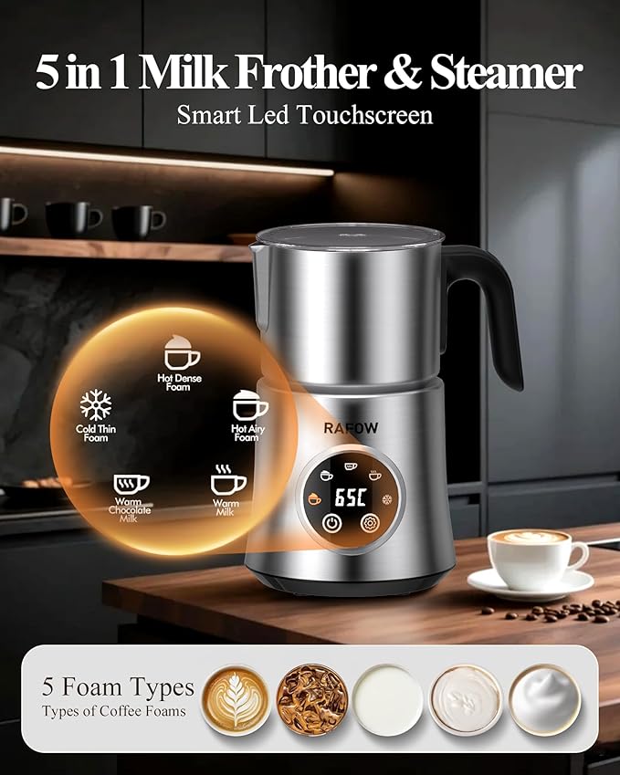 5 in 1 Electric Milk Frother: 16.9oz/500ml Large Capacity Dishwasher Safe Milk Steamer for Hot & Cold Milk Froth - Automatic Milk Frother & Warmer for Latte, Cappuccinos, Macchiato, Hot Chocolate