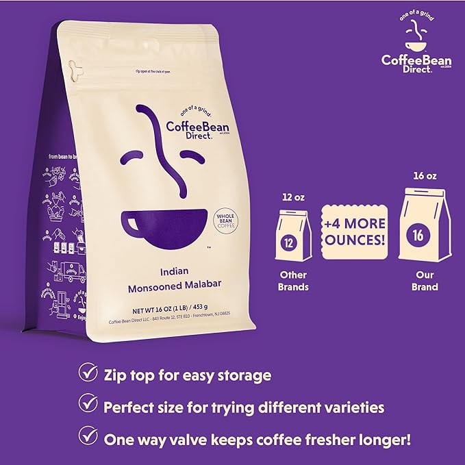 Coffee Bean Direct Indian Monsooned Malabar, Whole Bean Coffee, Light Roast, 1 Pound Bag (Pack of 1)