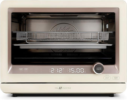 VAL CUCINA 7-in-1 Steam Convection Oven Countertop with Air Fry, Bake, Sous Vide, Ferment, Built-in Recipes | Anti-Scalding, Self Clean, Food-grade Stainless Steel Cavity & Accessories | 1500W