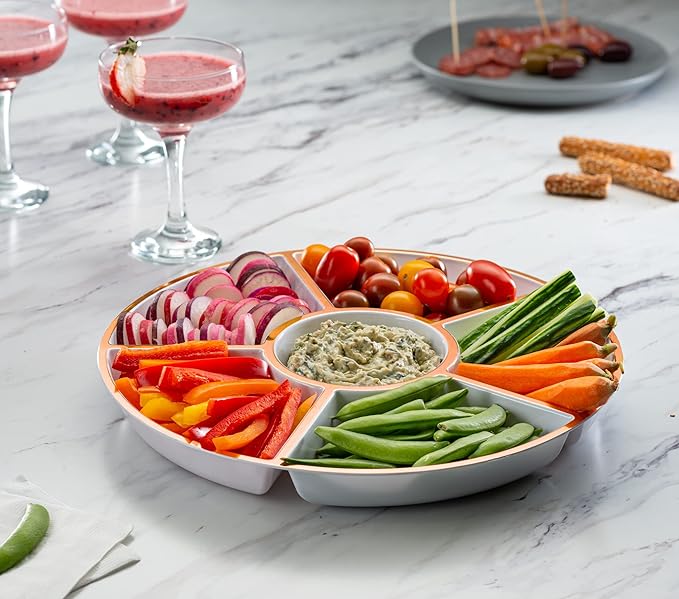 Plasticpro 6 Sectional Round Plastic Serving Tray/Platter (8, White & Rose Gold)