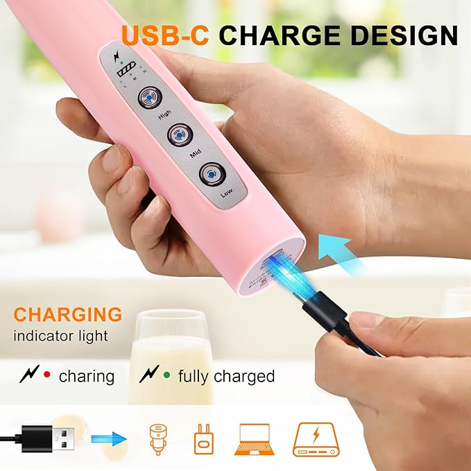 YUSWKO Pink Milk Frother Handheld with 3 Heads, Coffee Whisk Drink Foam Mixer with USB Rechargeable 3 Speeds, Electric Hand Frother for Latte, Cappuccino, Hot Chocolate, Egg