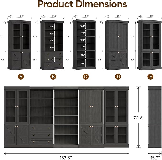70.8" Tall Black Bookshelf, Farmhouse Modular Bookcase with 6-Tier Adjustable Shelves, Large Storage Cabinet for Home Office, Living Room