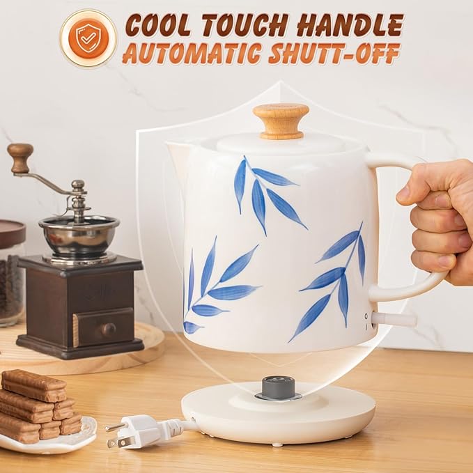 1.0-Liter Ceramic Electric Kettle, 1000W Rapid Boil, Tea Kettles Pot & Hot Water Boiler For Coffee & Tea, Teapot Auto Shut-Off, Boil-Dry Protection